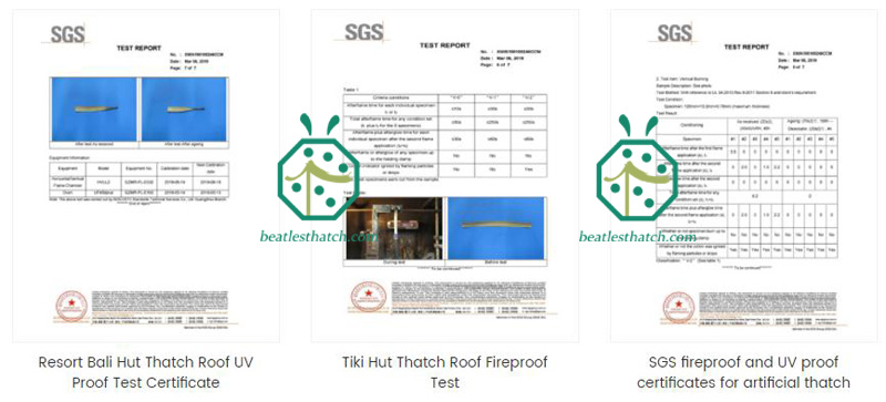SGS UV retardant test report of beach hotel synthetic thatch roof products
