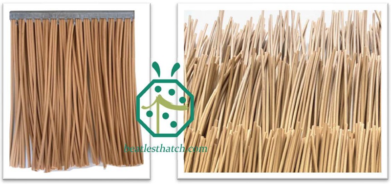 Straight edge synthetic straw thatched roof to create wave style house roof after installation
