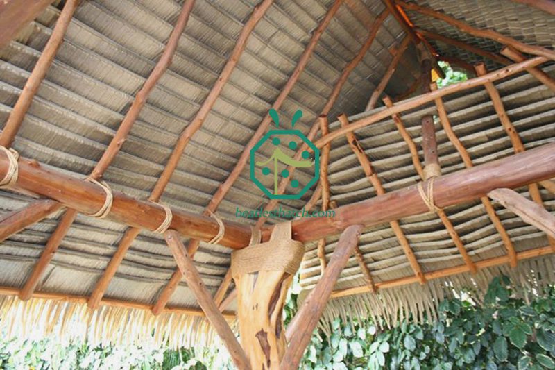 Interior view of the palm thatch roof covering for wooden batten roof structure of the ocean countries.