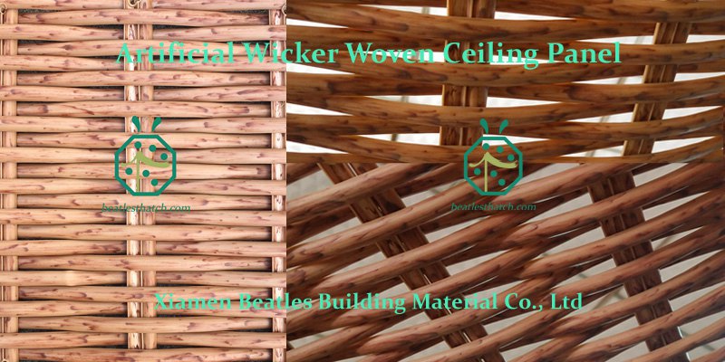Private or commercial use of synthetic woven wicker panel for interior wall and ceiling designs