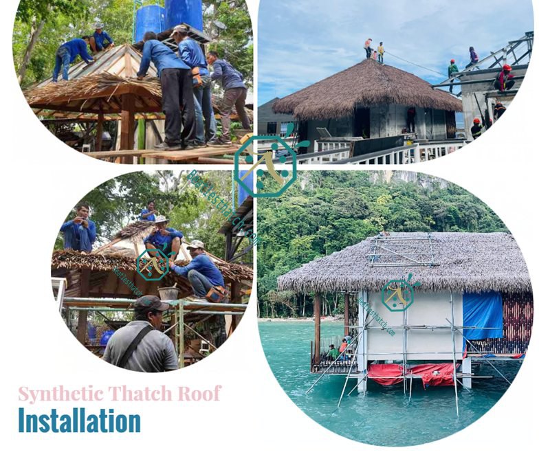 Synthetic thatch roof installation on Cabana