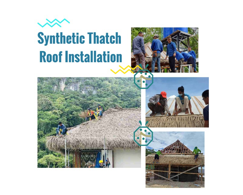 Artificial thatch roof installation for common roof structure Artificial thatch roof installation for common roof structure